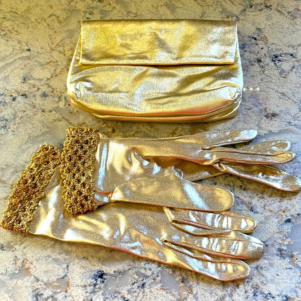 Gold lame clutch purse and gloves